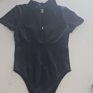 OQQ Black Ribbed Zip-Front Bodysuit